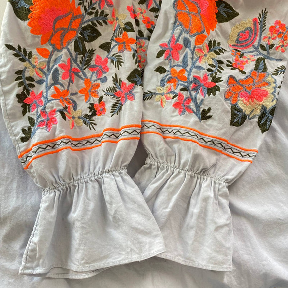 Free People Fleur Du Jour Light Blue Embroidered Mini Dress Long Bubble Sleeve - Picture 3 of 13